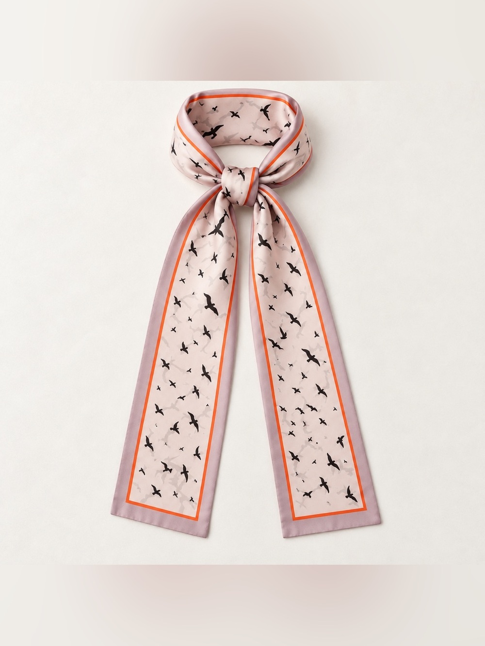 Blush Pink Bird Print Long Skinny Scarf Orange Border Neck Hair Bag Scarf